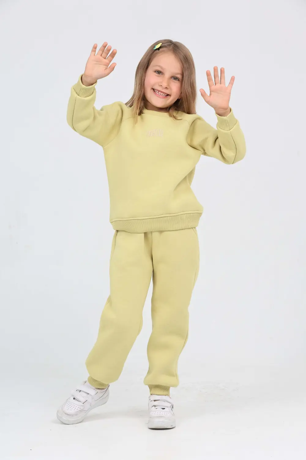 Kız Çocuk 2'li Takım Bisiklet Yaka Sweatshirt & Beli Paçası Lasti