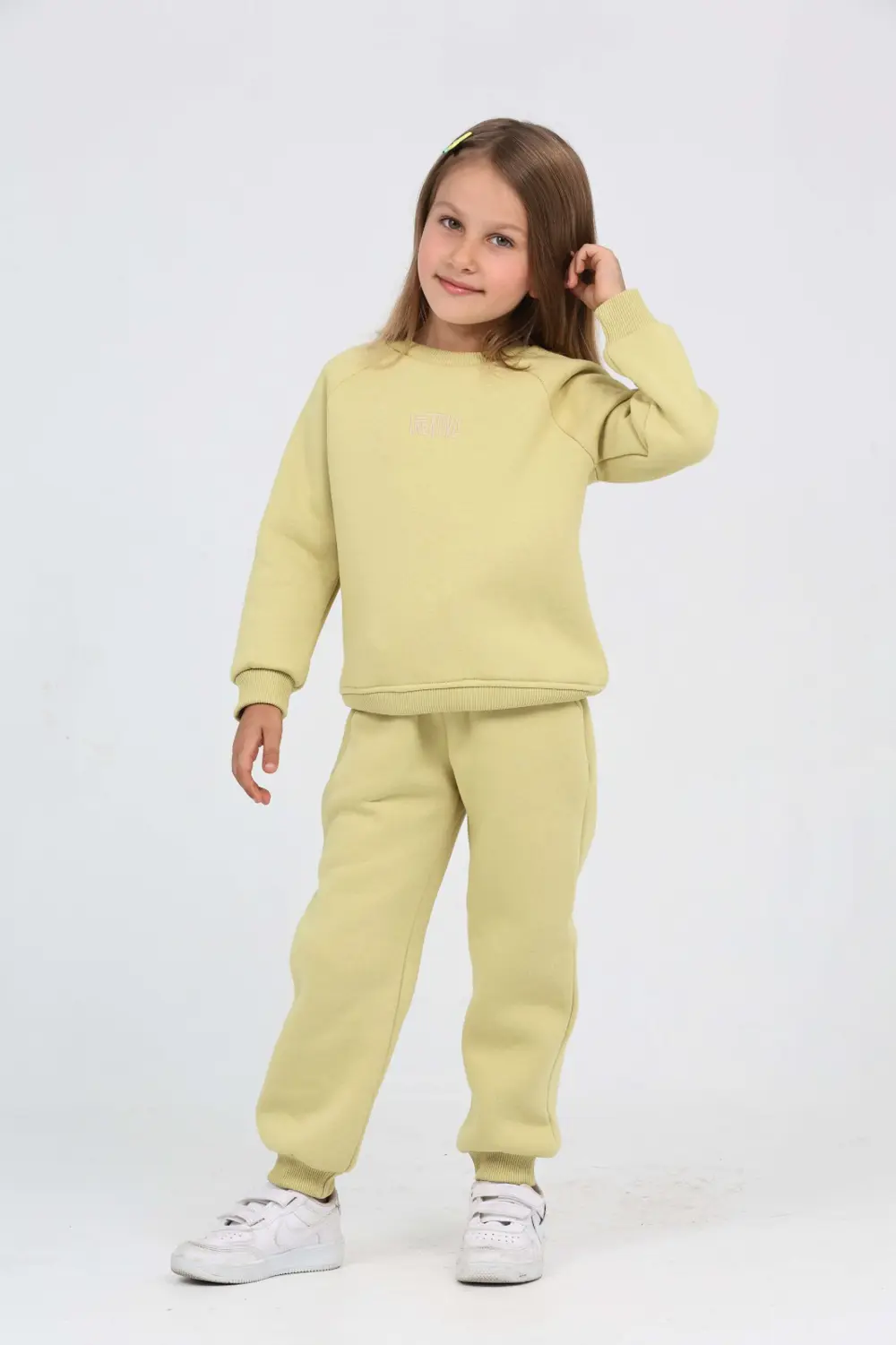 Kız Çocuk 2'li Takım Bisiklet Yaka Sweatshirt & Beli Paçası Lasti