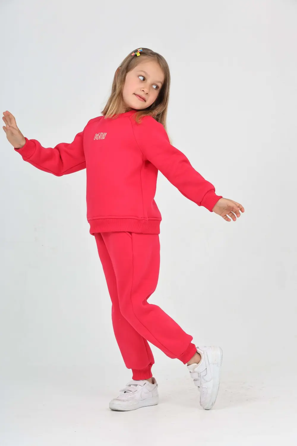 Kız Çocuk 2'li Takım Bisiklet Yaka Sweatshirt & Beli Paçası Lasti