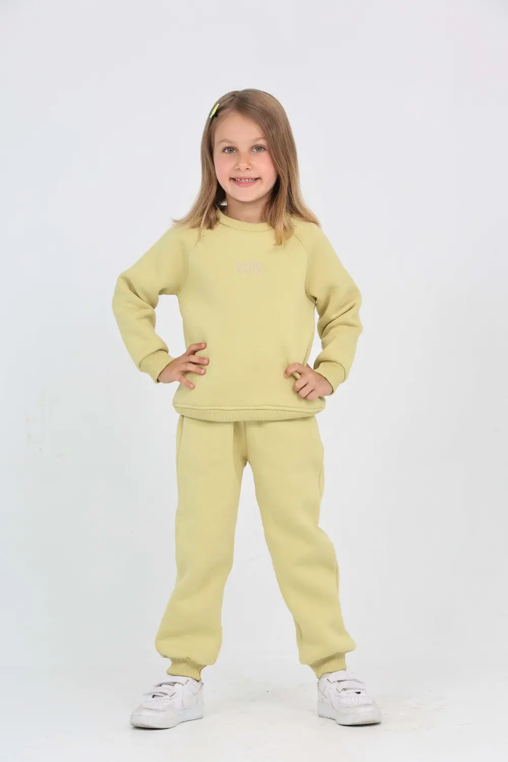 Kız Çocuk 2'li Takım Bisiklet Yaka Sweatshirt & Beli Paçası Lasti