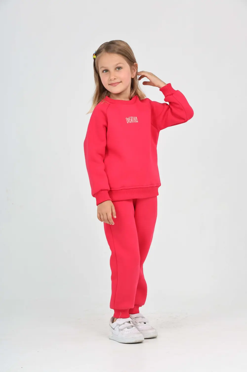 Kız Çocuk 2'li Takım Bisiklet Yaka Sweatshirt & Beli Paçası Lasti