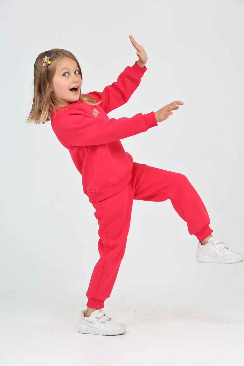 Kız Çocuk 2'li Takım Bisiklet Yaka Sweatshirt & Beli Paçası Lasti