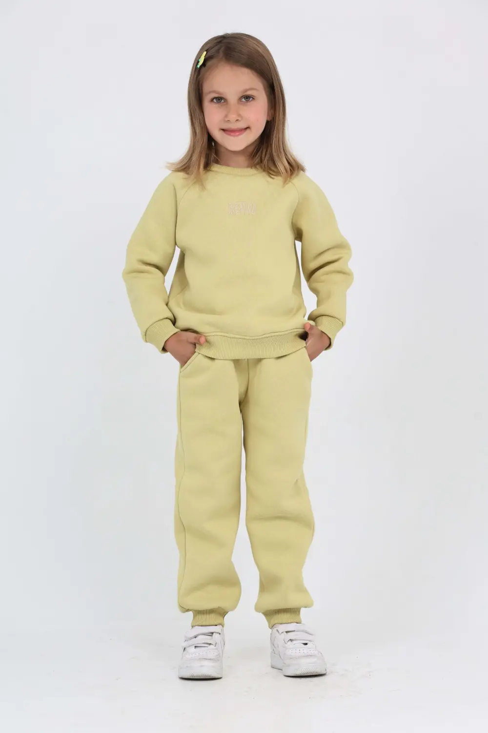 Kız Çocuk 2'li Takım Bisiklet Yaka Sweatshirt & Beli Paçası Lasti