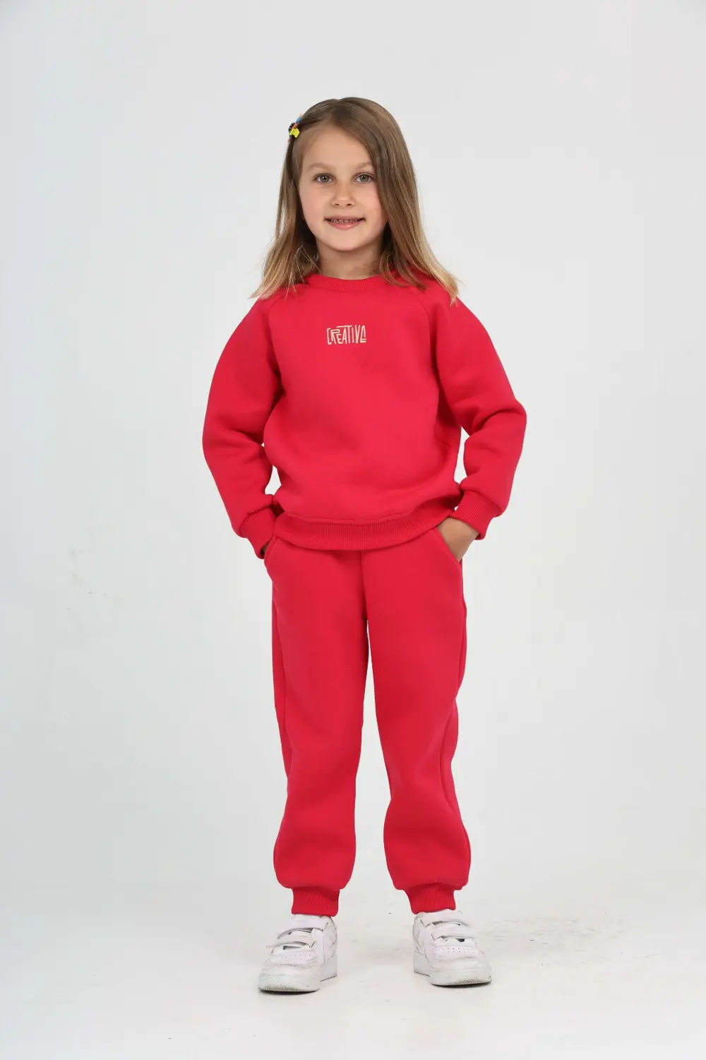 Kız Çocuk 2'li Takım Bisiklet Yaka Sweatshirt & Beli Paçası Lasti