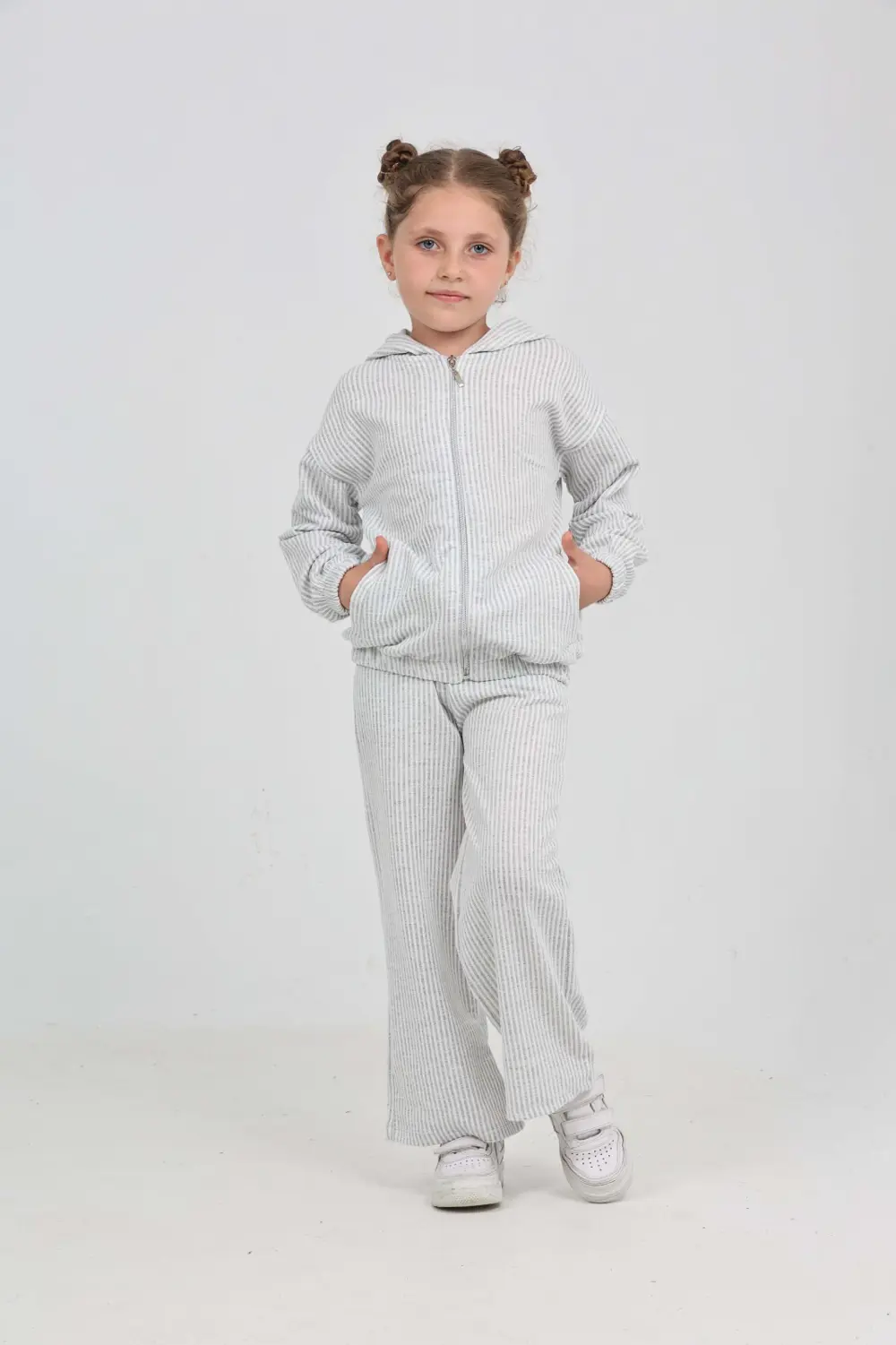 Kız Çocuk 2'li Takım Çizgili Kapüşonlu Fermuarlı Cepli Sweatshirt