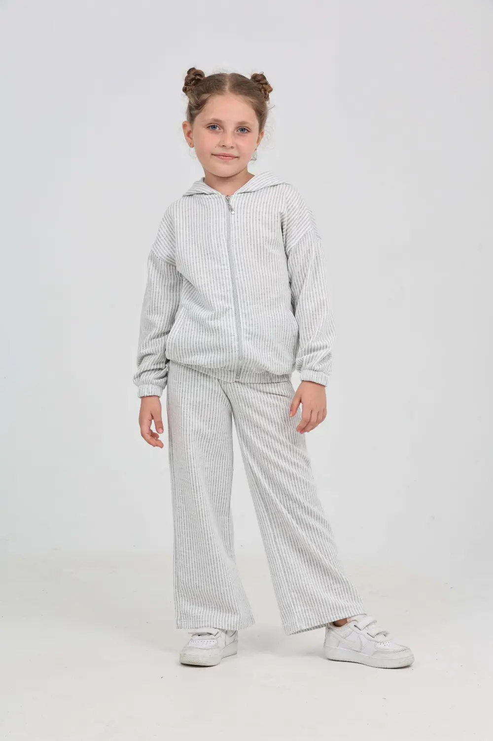 Kız Çocuk 2'li Takım Çizgili Kapüşonlu Fermuarlı Cepli Sweatshirt