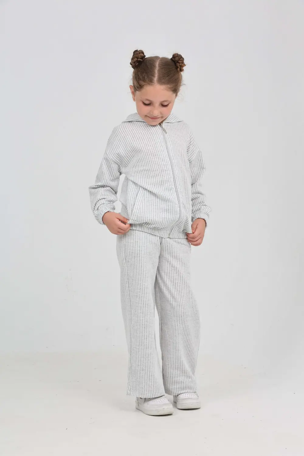 Kız Çocuk 2'li Takım Çizgili Kapüşonlu Fermuarlı Cepli Sweatshirt