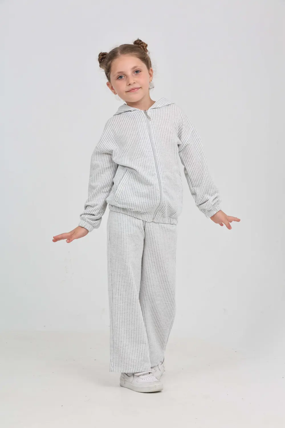 Kız Çocuk 2'li Takım Çizgili Kapüşonlu Fermuarlı Cepli Sweatshirt
