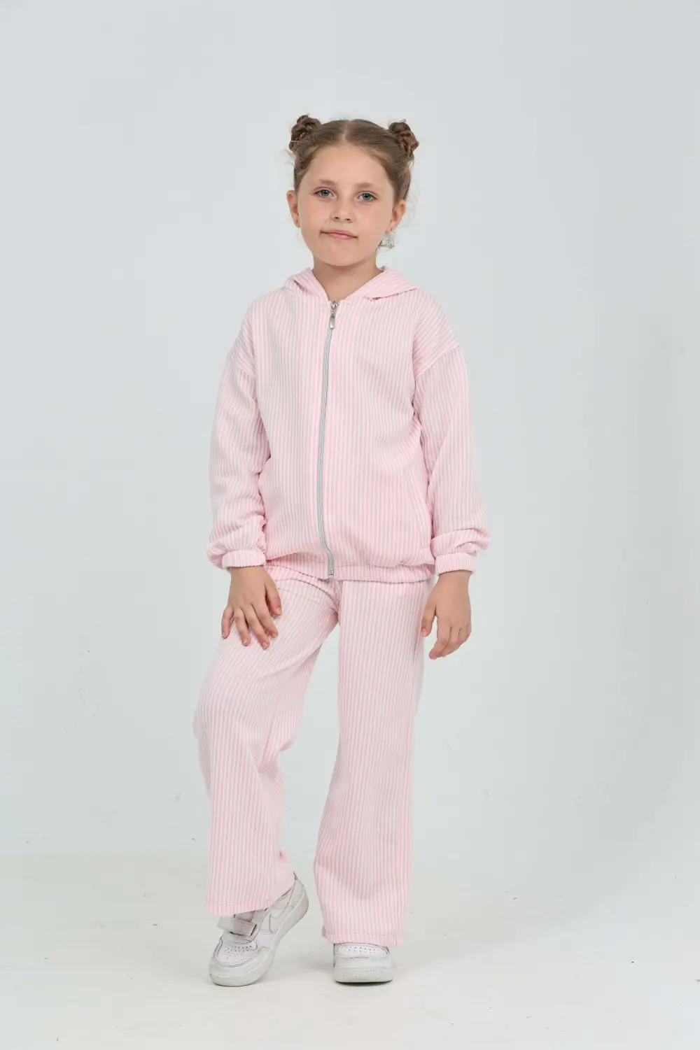 Kız Çocuk 2'li Takım Çizgili Kapüşonlu Fermuarlı Cepli Sweatshirt