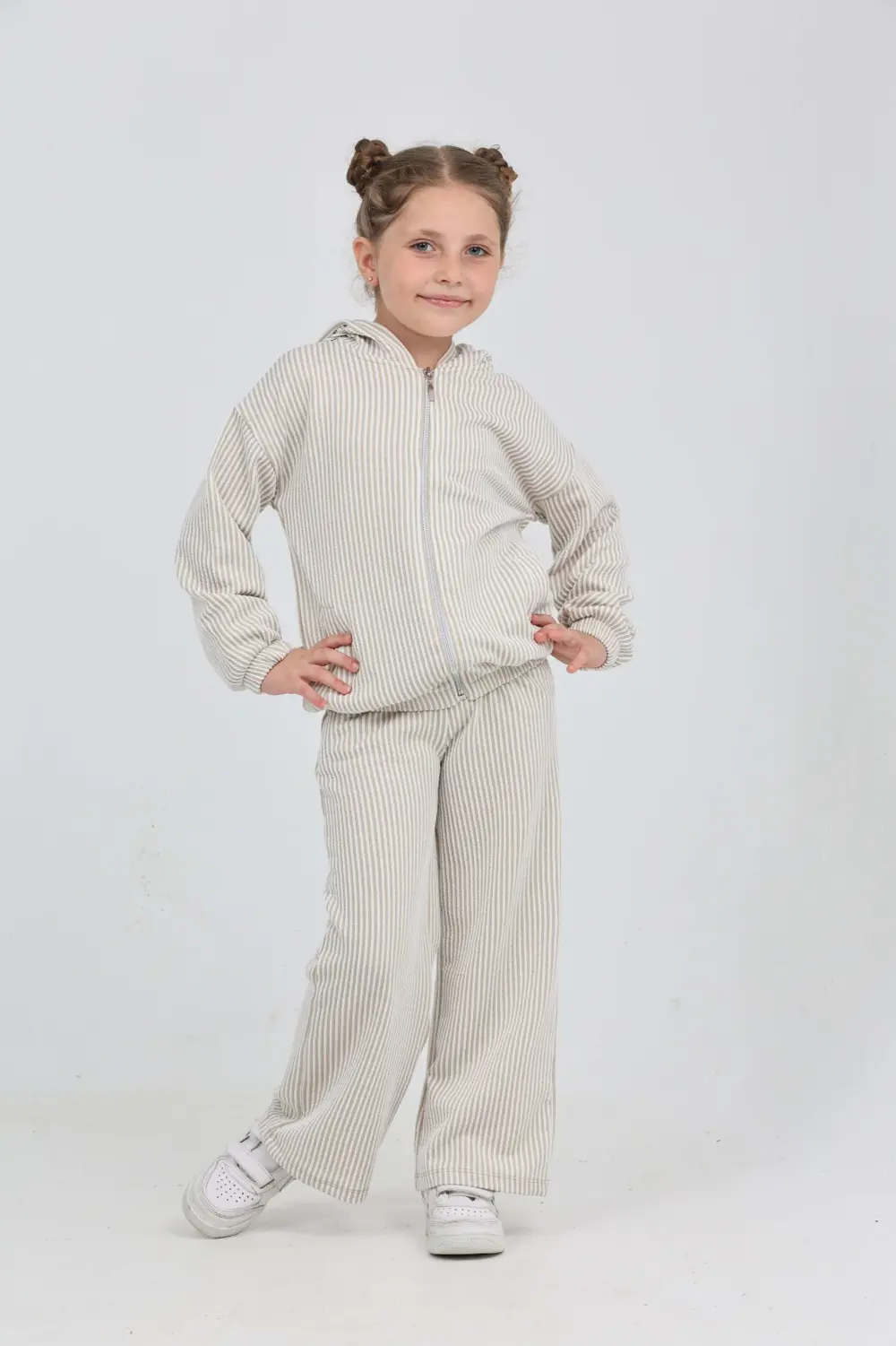 Kız Çocuk 2'li Takım Çizgili Kapüşonlu Fermuarlı Cepli Sweatshirt
