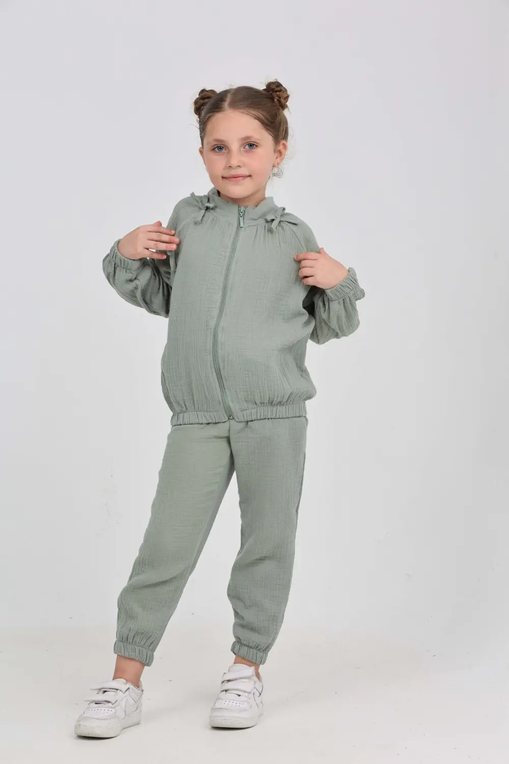 Kız Çocuk 2'li Takım Dik Yaka Fermuarlı Reglan Kol Sweatshirt & B