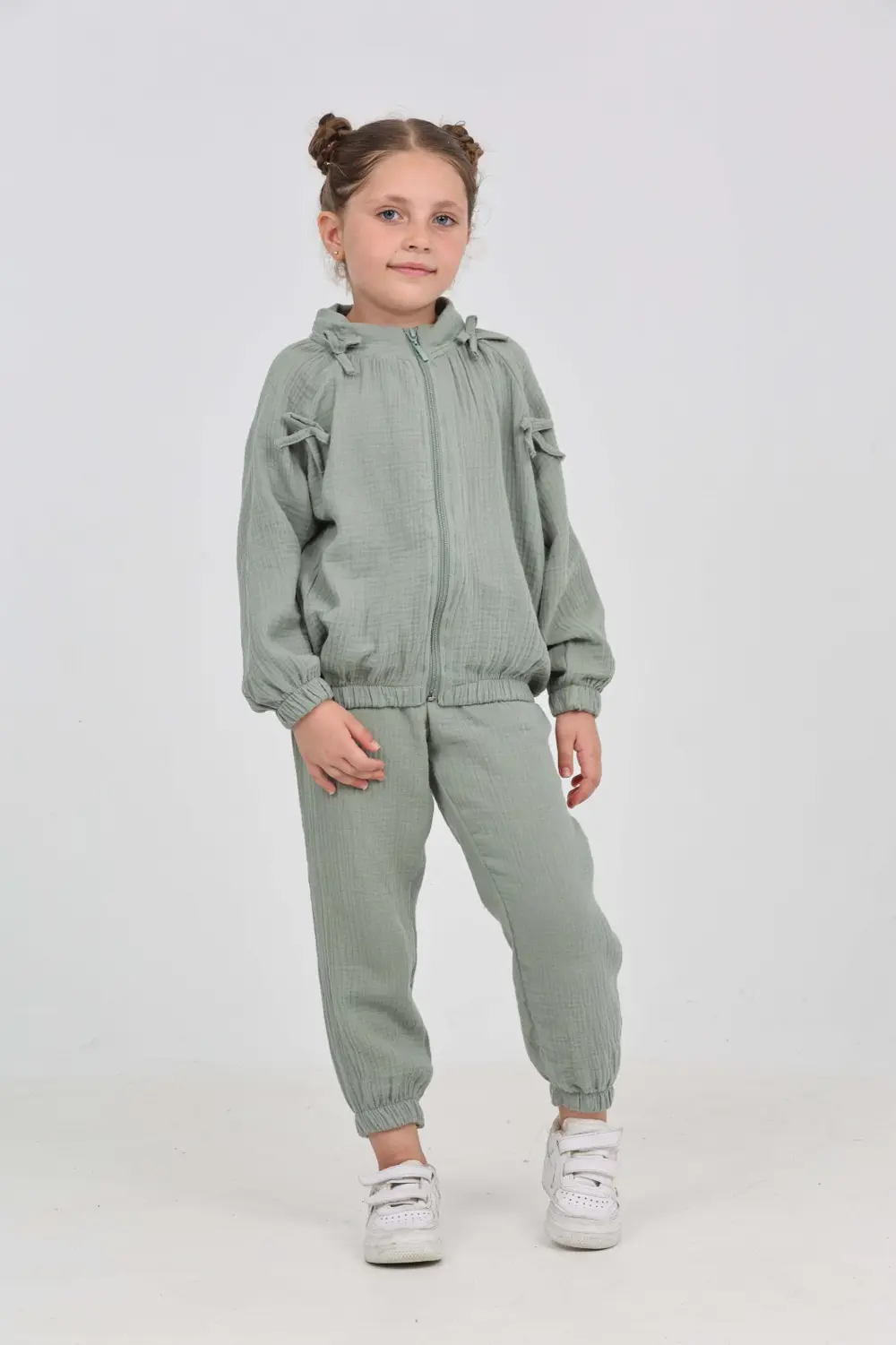 Kız Çocuk 2'li Takım Dik Yaka Fermuarlı Reglan Kol Sweatshirt & B