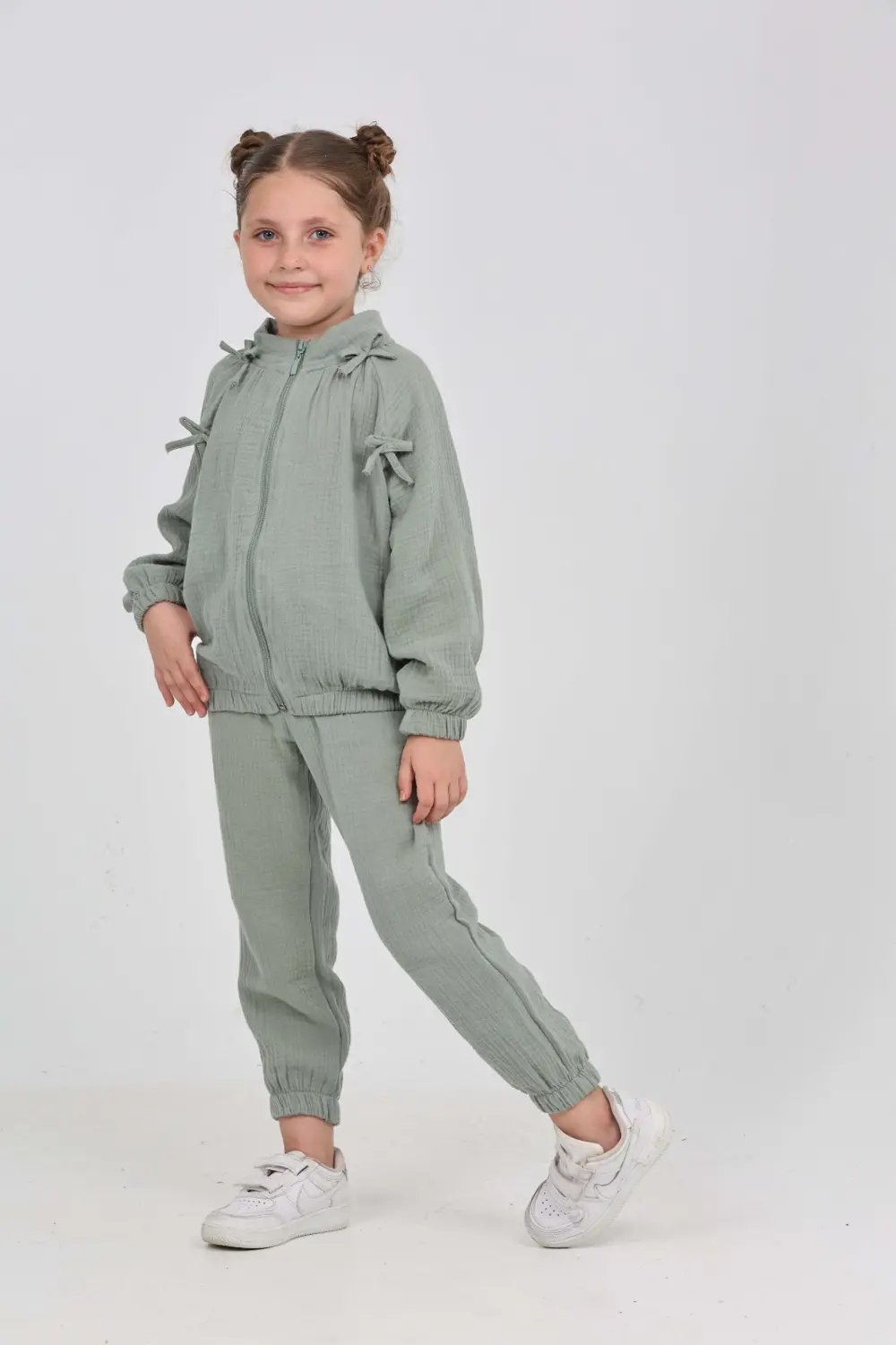 Kız Çocuk 2'li Takım Dik Yaka Fermuarlı Reglan Kol Sweatshirt & B