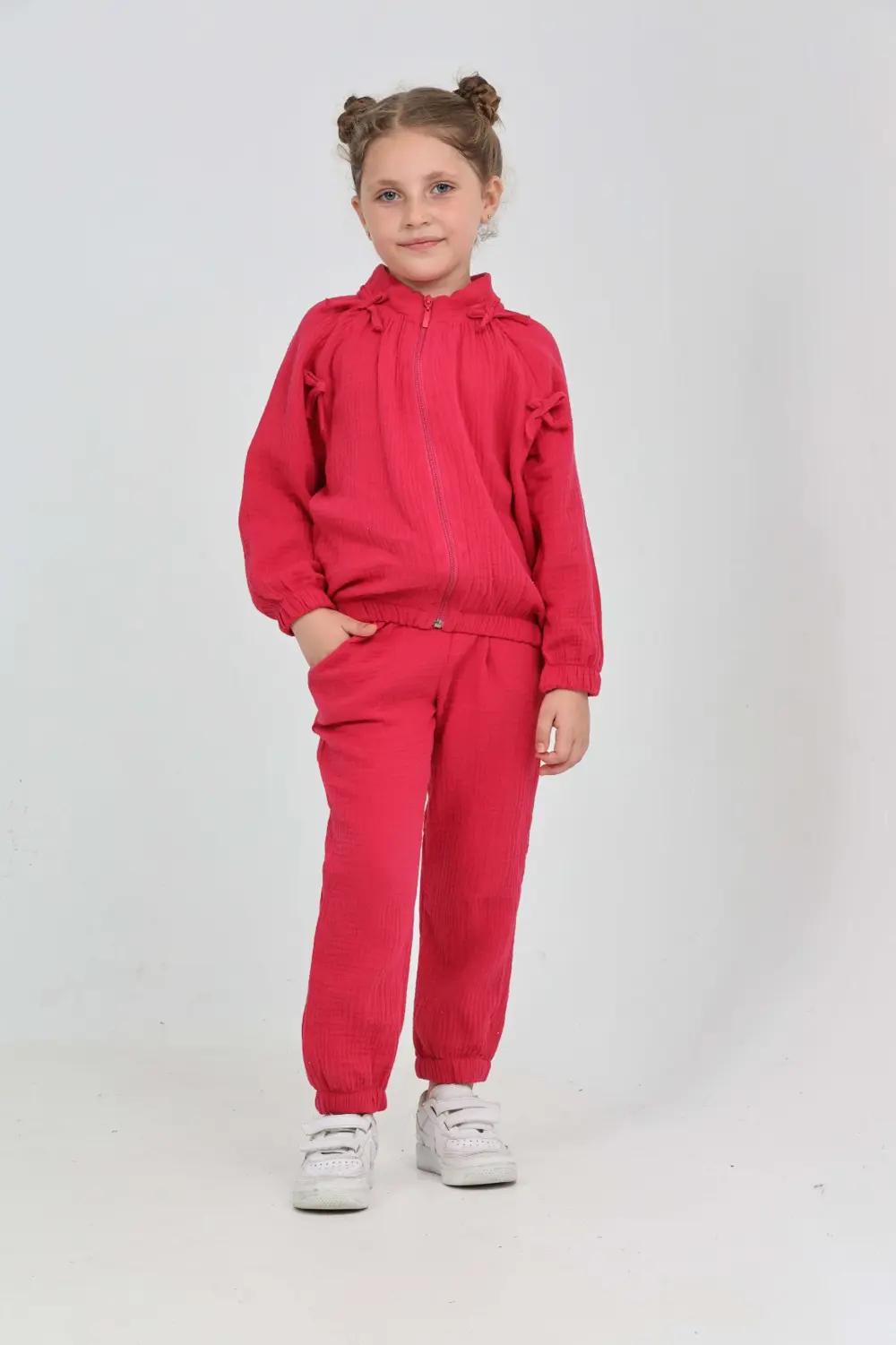 Kız Çocuk 2'li Takım Dik Yaka Fermuarlı Reglan Kol Sweatshirt & B