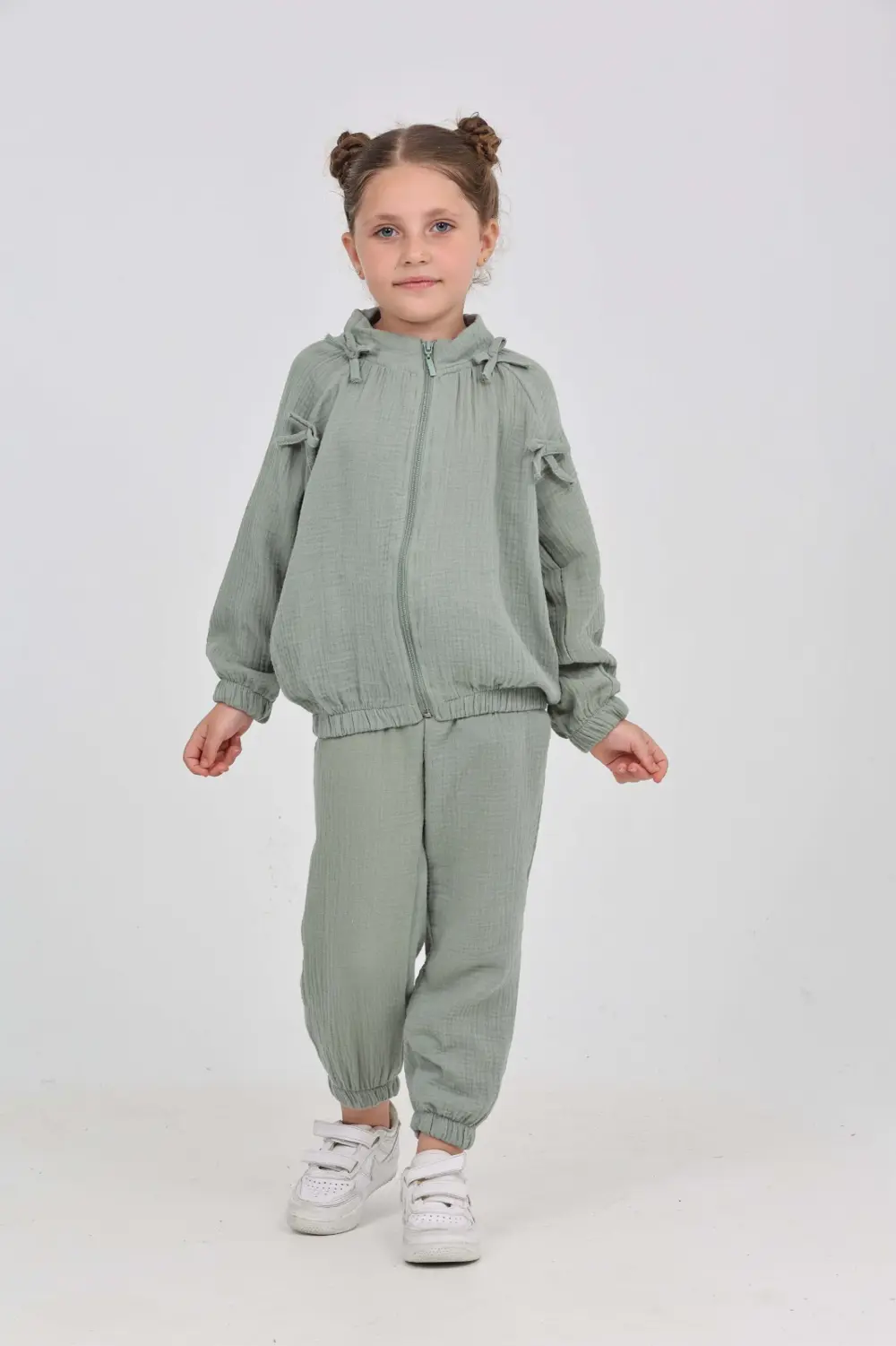 Kız Çocuk 2'li Takım Dik Yaka Fermuarlı Reglan Kol Sweatshirt & B