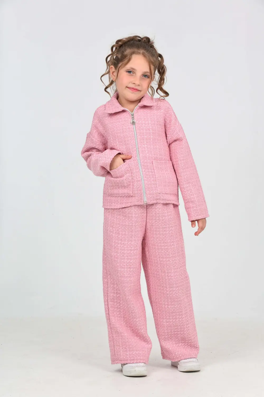 Kız Çocuk 2'li Takım Gömlek Yaka Fermuarlı Cepli Sweatshirt & Bel