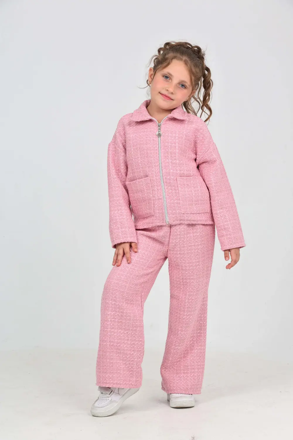 Kız Çocuk 2'li Takım Gömlek Yaka Fermuarlı Cepli Sweatshirt & Bel