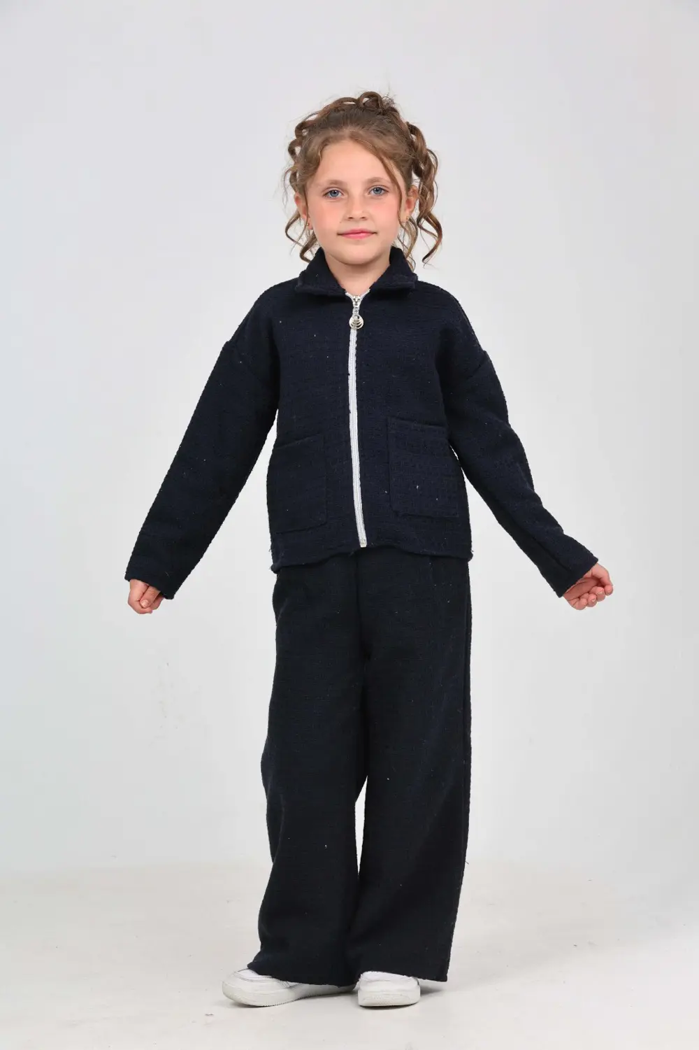 Kız Çocuk 2'li Takım Gömlek Yaka Fermuarlı Cepli Sweatshirt & Bel