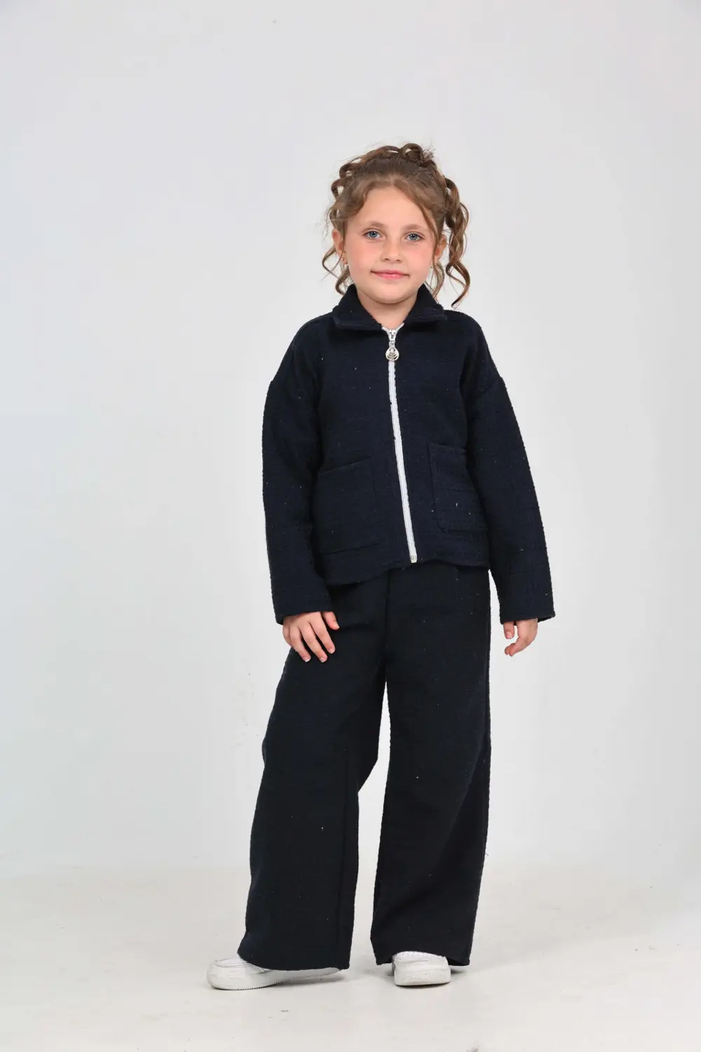 Kız Çocuk 2'li Takım Gömlek Yaka Fermuarlı Cepli Sweatshirt & Bel