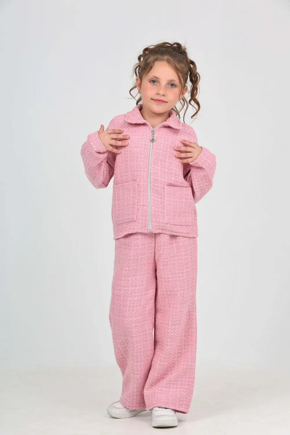 Kız Çocuk 2'li Takım Gömlek Yaka Fermuarlı Cepli Sweatshirt & Bel