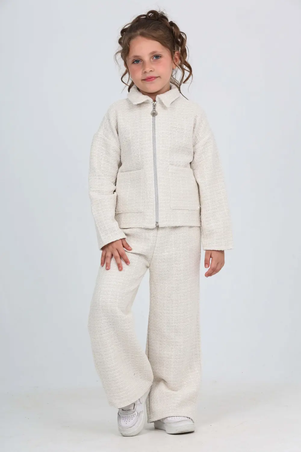 Kız Çocuk 2'li Takım Gömlek Yaka Fermuarlı Cepli Sweatshirt & Bel