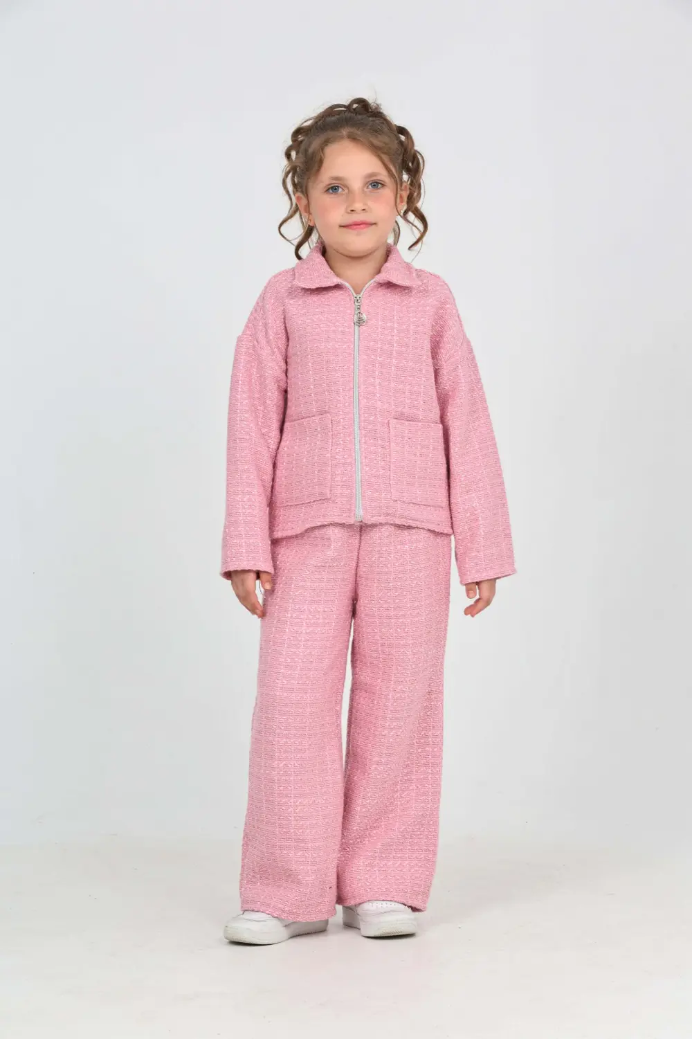 Kız Çocuk 2'li Takım Gömlek Yaka Fermuarlı Cepli Sweatshirt & Bel