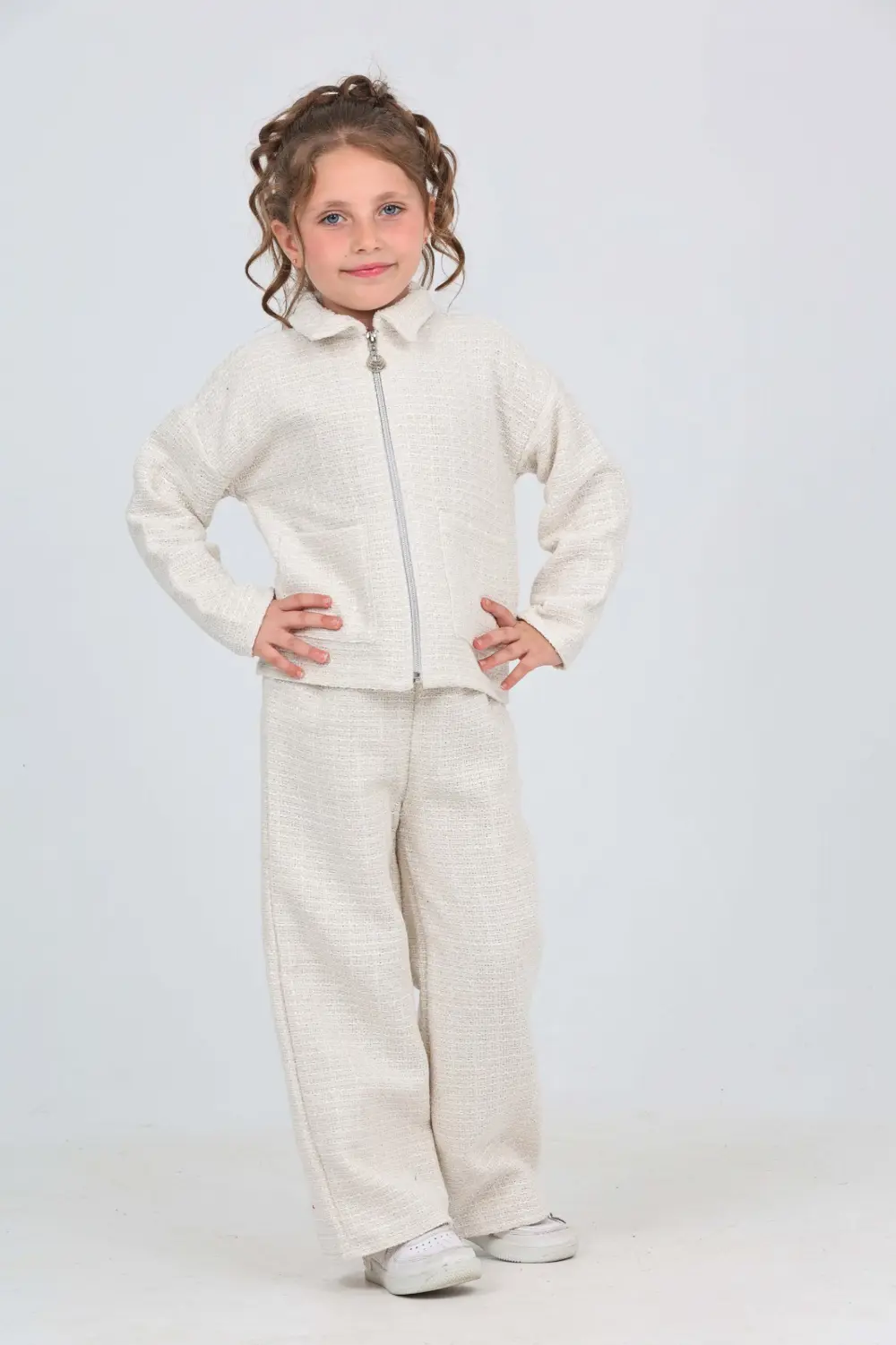 Kız Çocuk 2'li Takım Gömlek Yaka Fermuarlı Cepli Sweatshirt & Bel