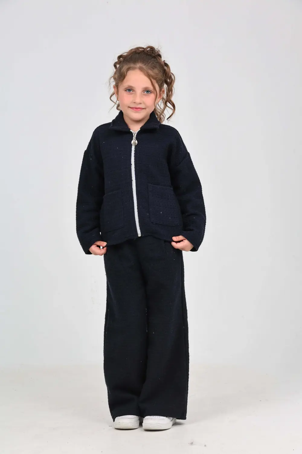 Kız Çocuk 2'li Takım Gömlek Yaka Fermuarlı Cepli Sweatshirt & Bel