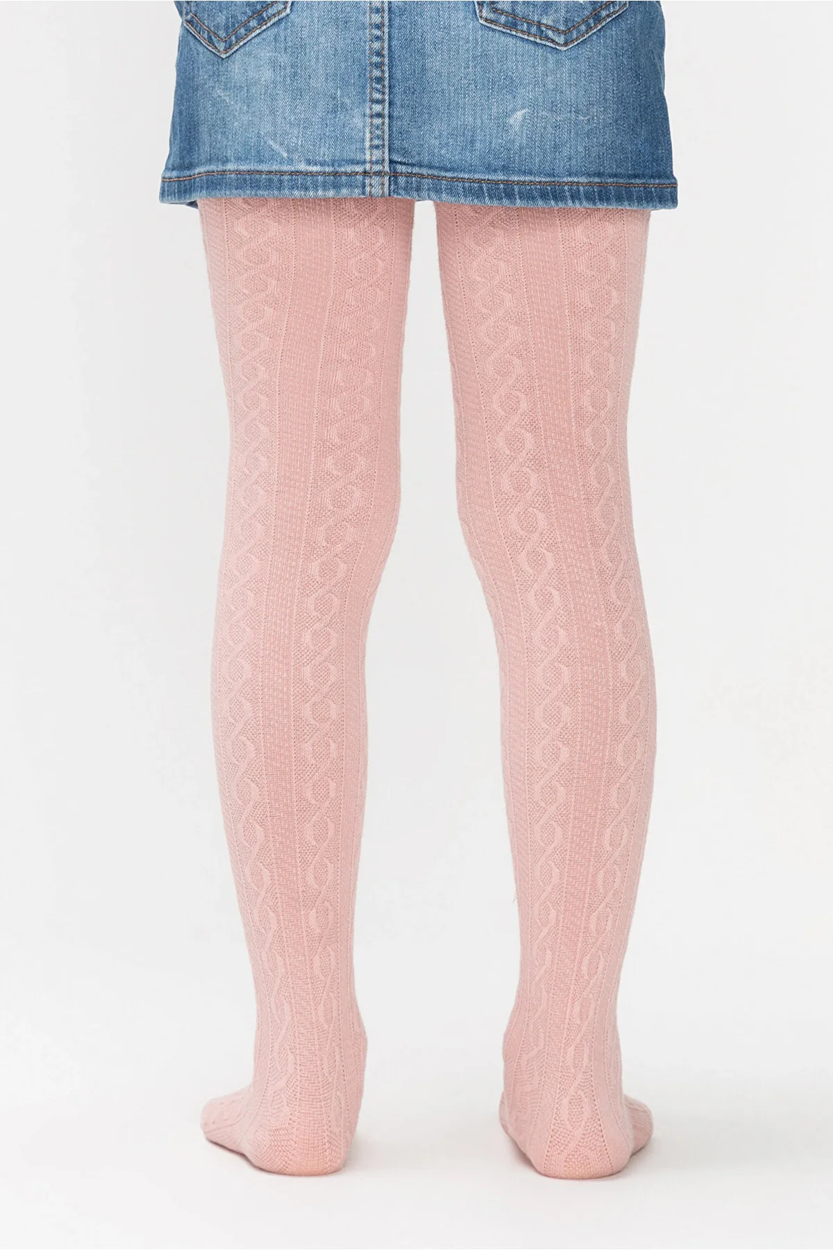 Kız Çocuk Antik Pembe Rengi Triko Kendinden Desenli Kalın Külotlu Okul Çorabı