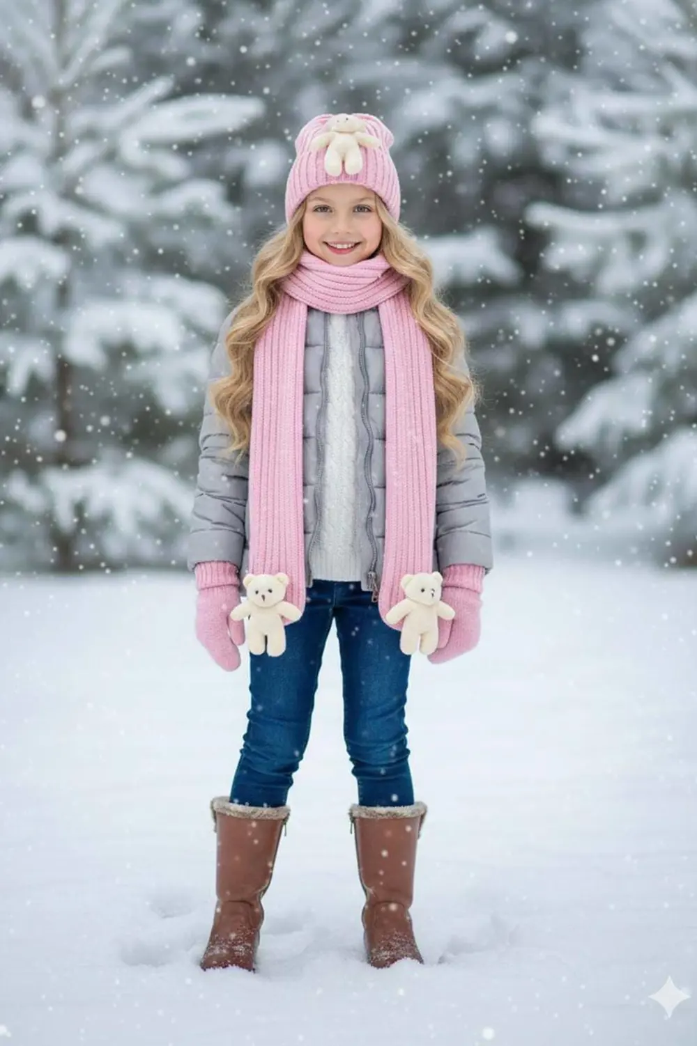 Kız Çocuk Ayıcıklı Atkı Bere Takımı 4/14 yaş