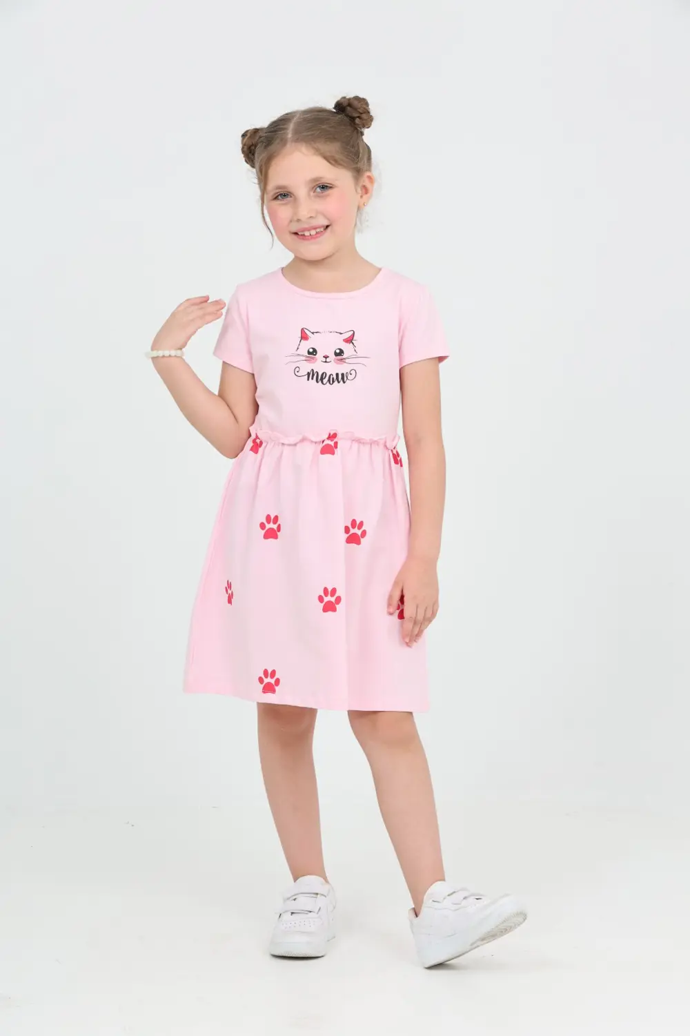 Kız Çocuk Baskılı Relax Fit Bisiklet Yaka Kısa Kollu Elbise -