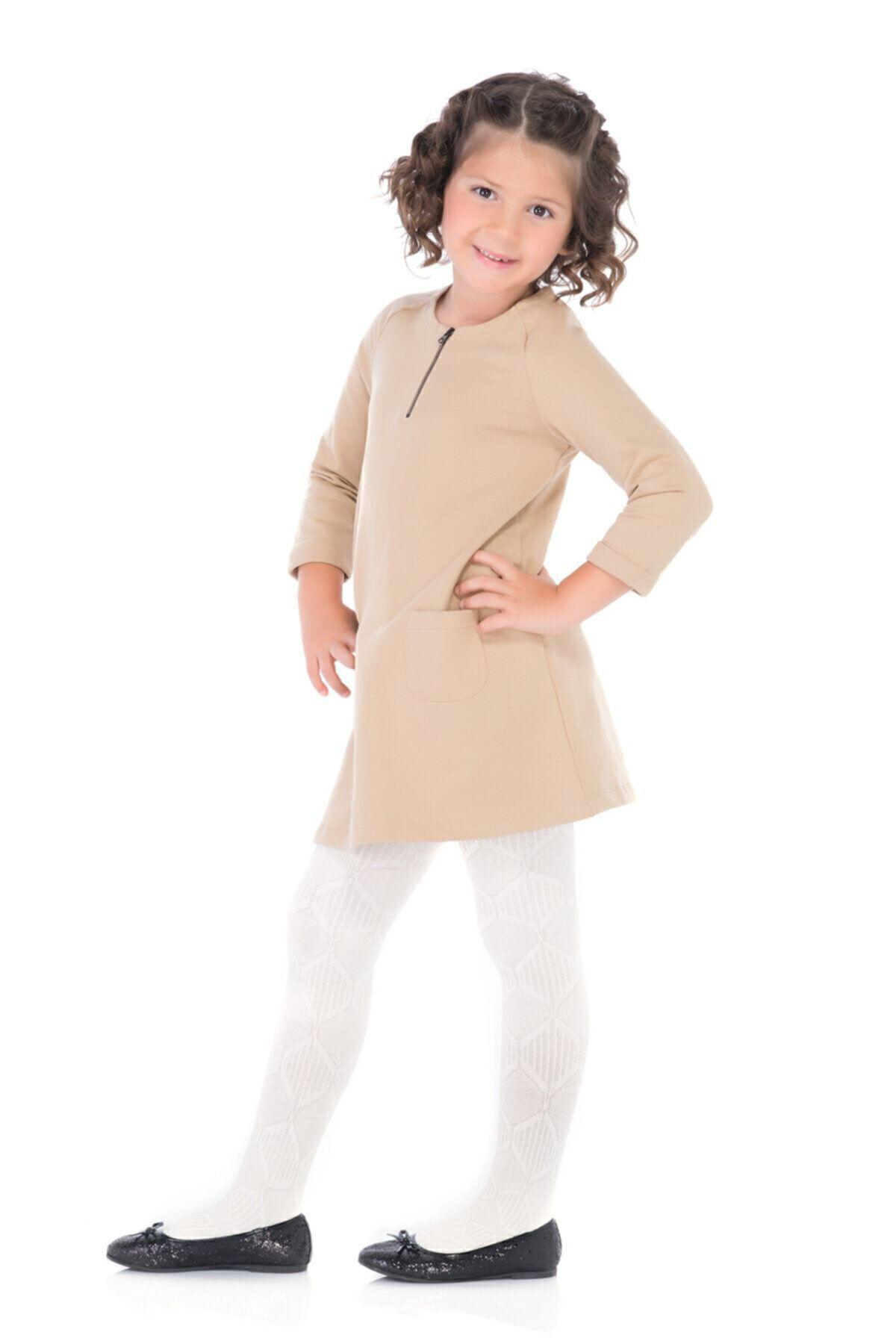 Kız Çocuk Beyaz Triko Ayda Kendinden Desenli Kalın Külotlu Çorap