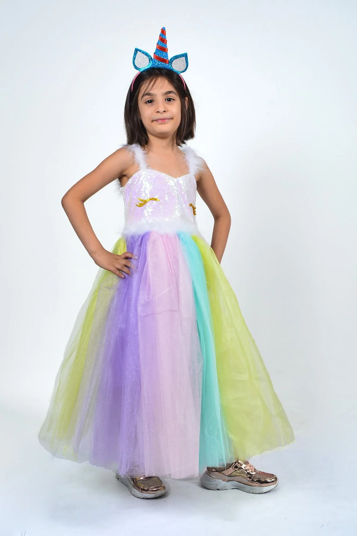 Kız Çocuk Beyaz Unicorn Kostüm+Flama