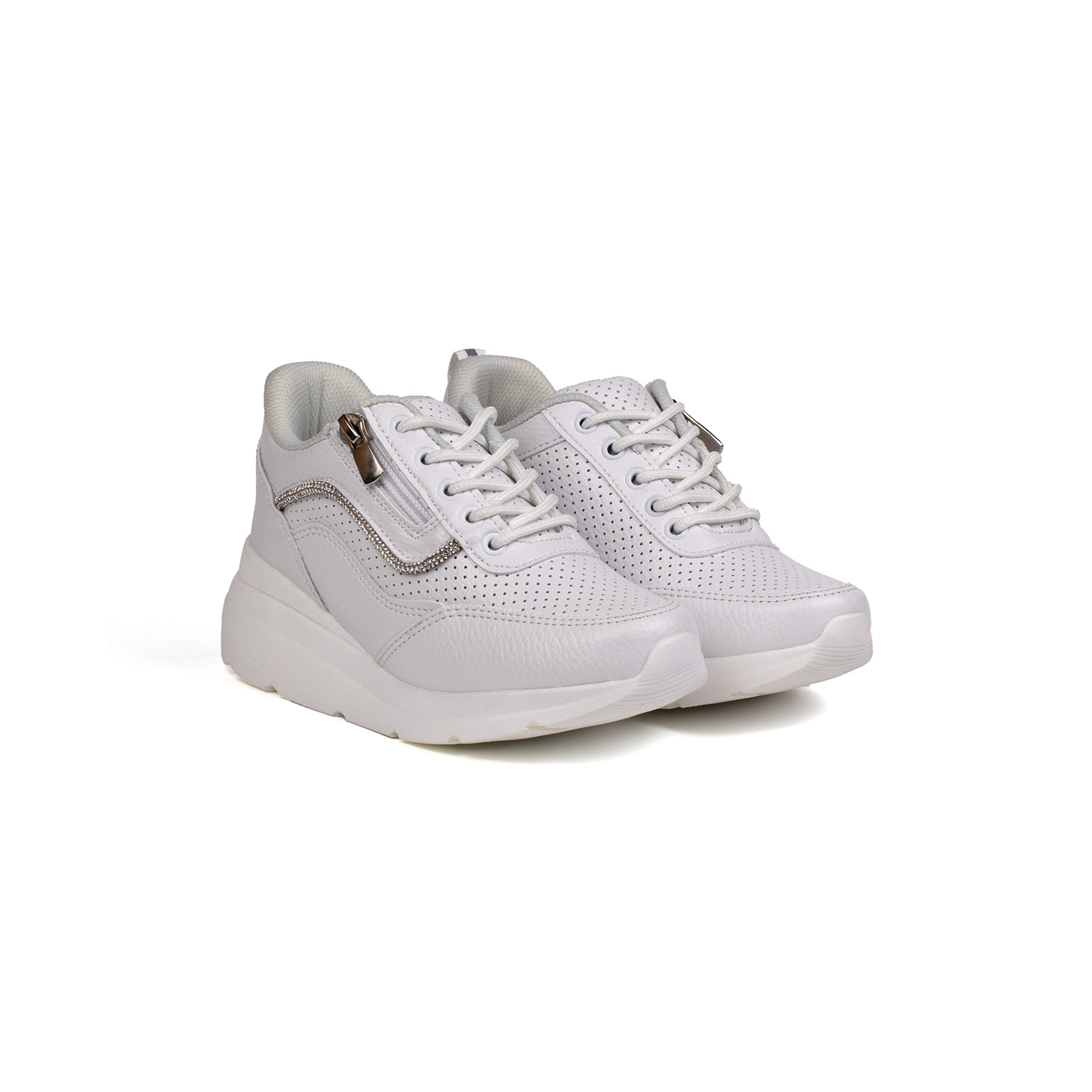 Kız Çocuk Beyaz Fermuarlı Bağcıklı Taşlı Sneaker Dolgu Taban Raha