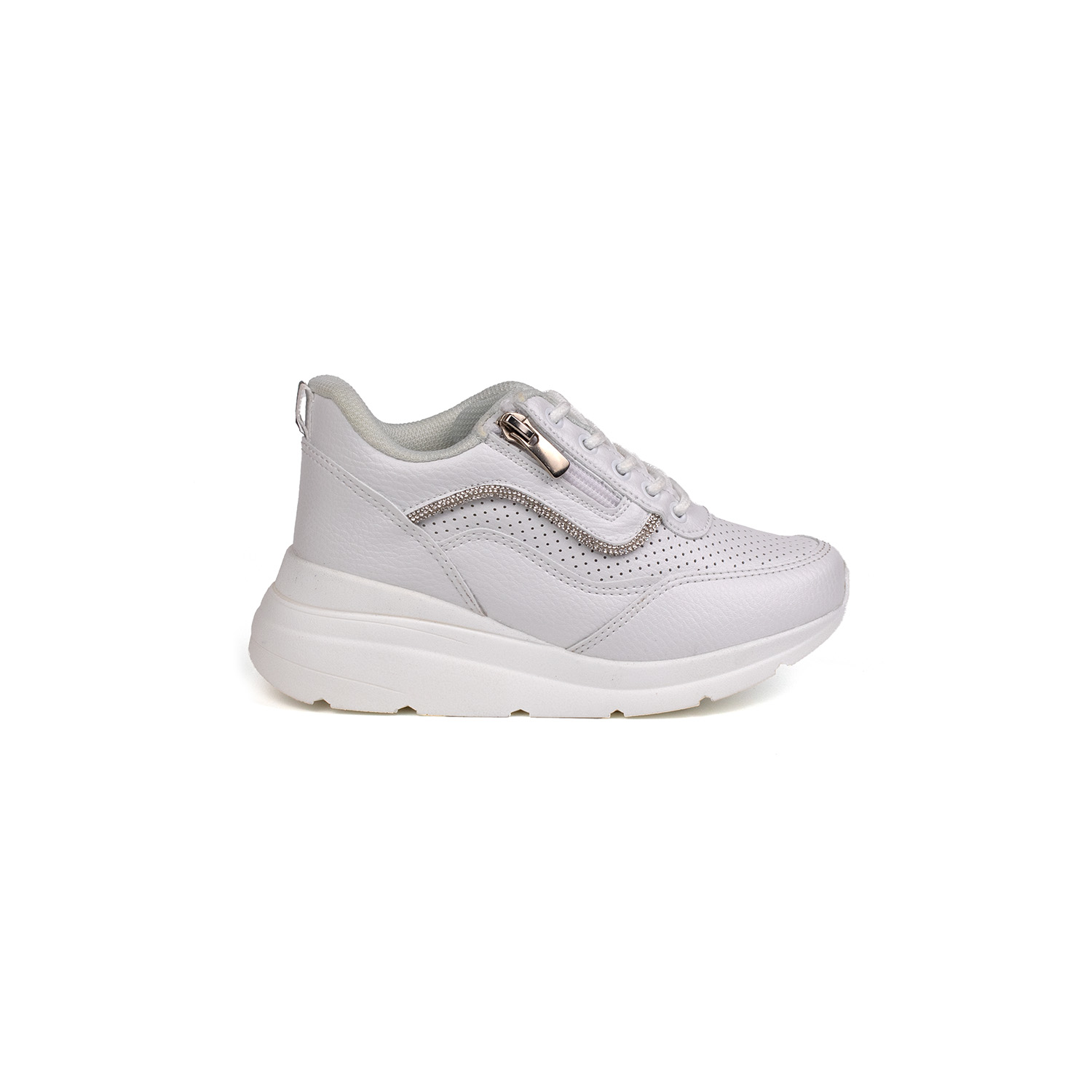Kız Çocuk Beyaz Fermuarlı Bağcıklı Taşlı Sneaker Dolgu Taban Raha