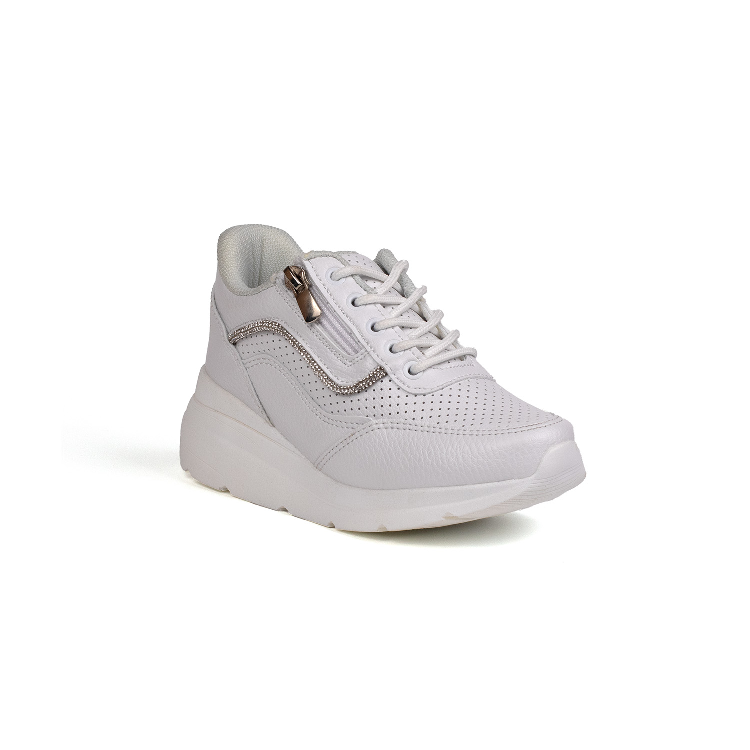 Kız Çocuk Beyaz Fermuarlı Bağcıklı Taşlı Sneaker Dolgu Taban Raha