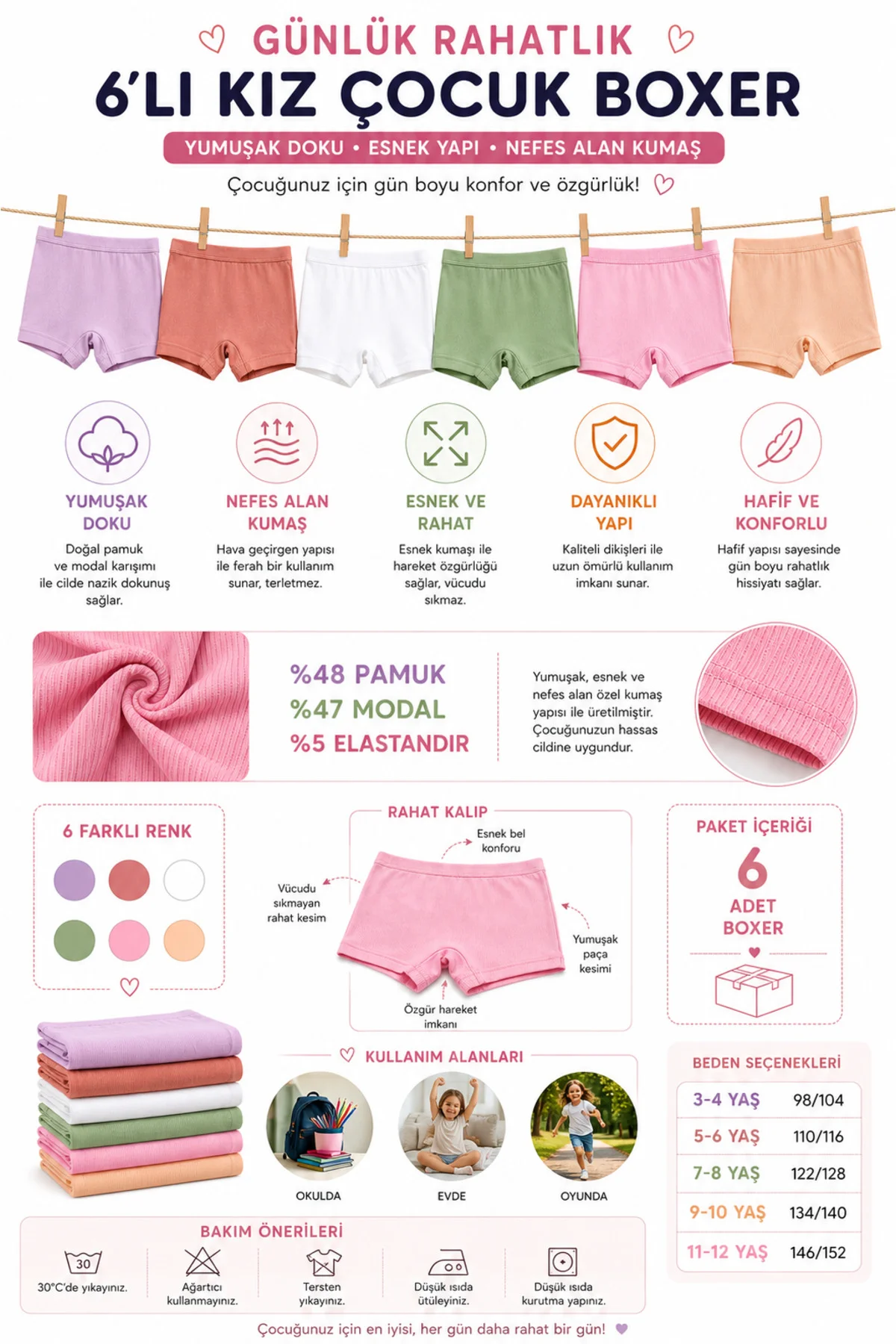 Kız Çocuk Boxer 6’lı Paket Fitilli Modal %48 Pamuk %47 Modal Esnek Yumuşak Çocuk İç Çamaşırı 3-12 Yaş Fiyatı, Yorumları ve Özellikleri
