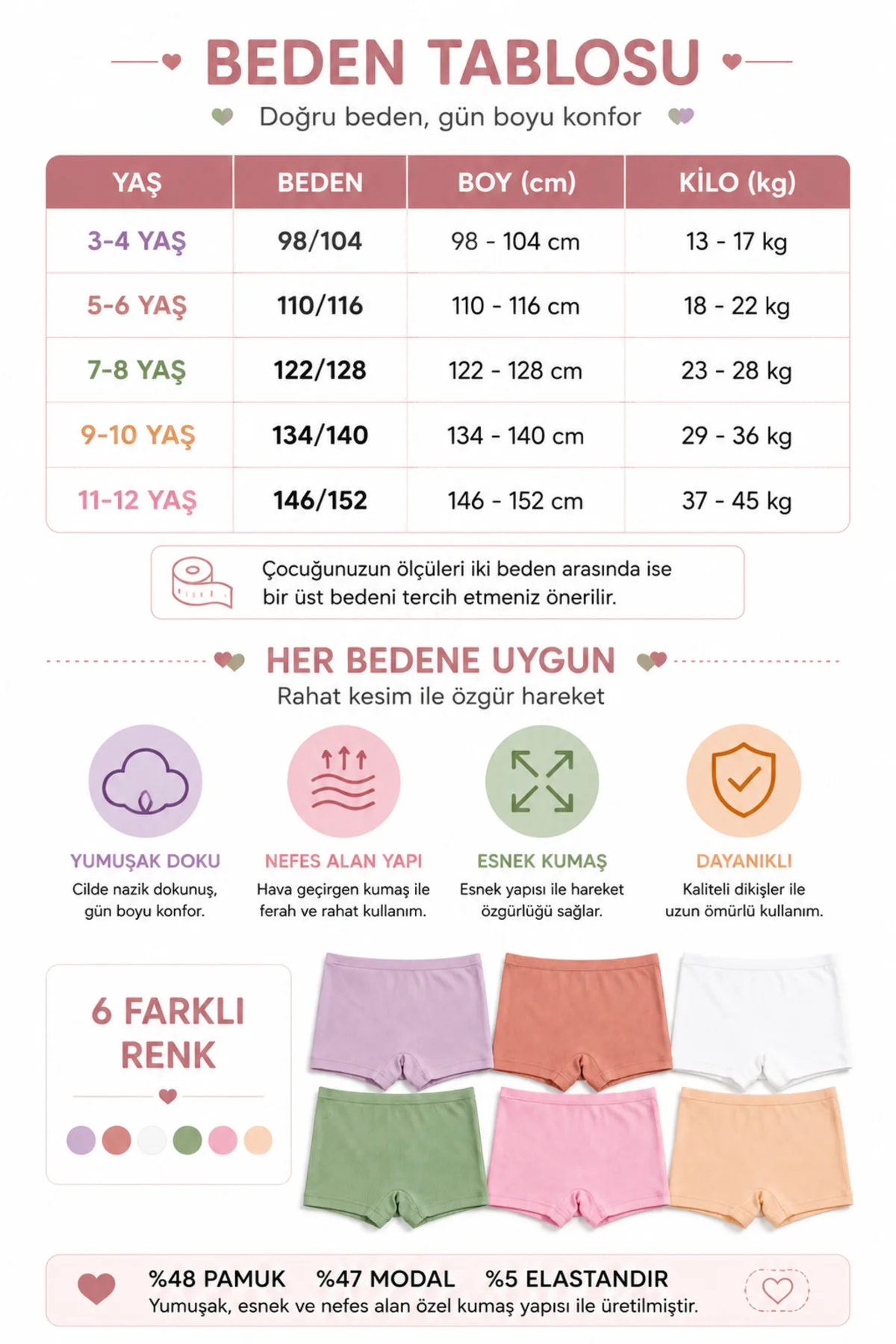 Kız Çocuk Boxer 6’lı Paket Fitilli Modal %48 Pamuk %47 Modal Esnek Yumuşak Çocuk İç Çamaşırı 3-12 Yaş Fiyatı, Yorumları ve Özellikleri