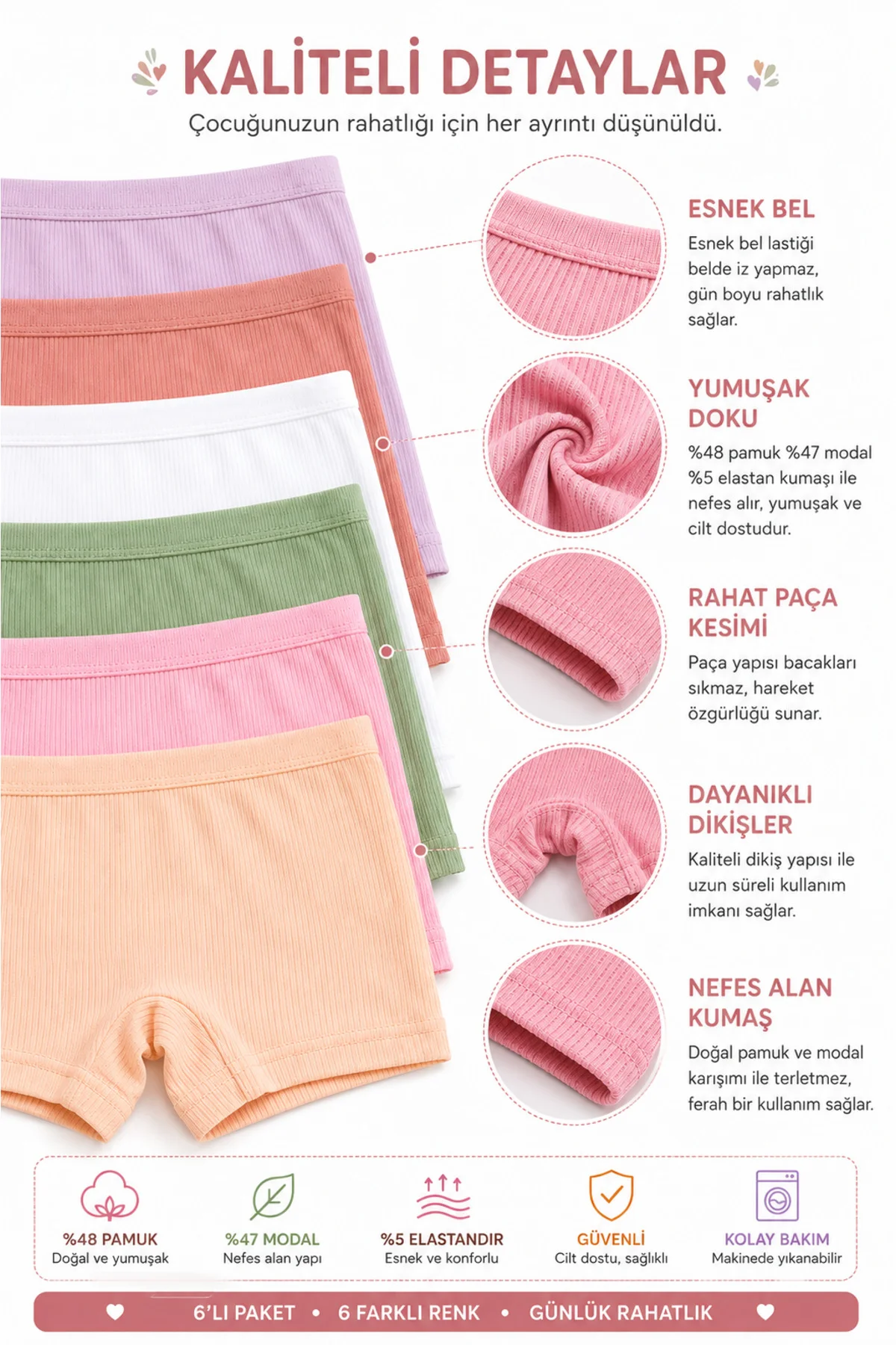 Kız Çocuk Boxer 6’lı Paket Fitilli Modal %48 Pamuk %47 Modal Esnek Yumuşak Çocuk İç Çamaşırı 3-12 Yaş Fiyatı, Yorumları ve Özellikleri