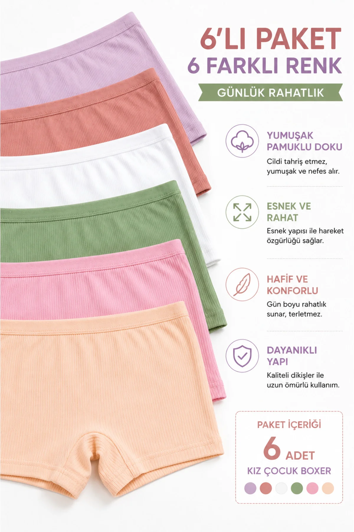 Kız Çocuk Boxer 6’lı Paket Fitilli Modal %48 Pamuk %47 Modal Esnek Yumuşak Çocuk İç Çamaşırı 3-12 Yaş Fiyatı, Yorumları ve Özellikleri