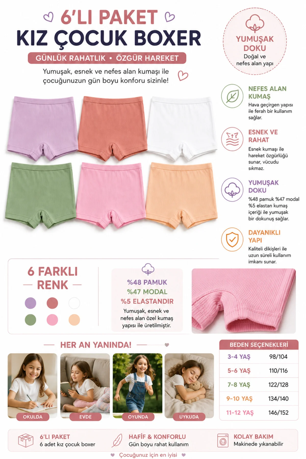 Kız Çocuk Boxer 6’lı Paket Fitilli Modal %48 Pamuk %47 Modal Esnek Yumuşak Çocuk İç Çamaşırı 3-12 Yaş Fiyatı, Yorumları ve Özellikleri