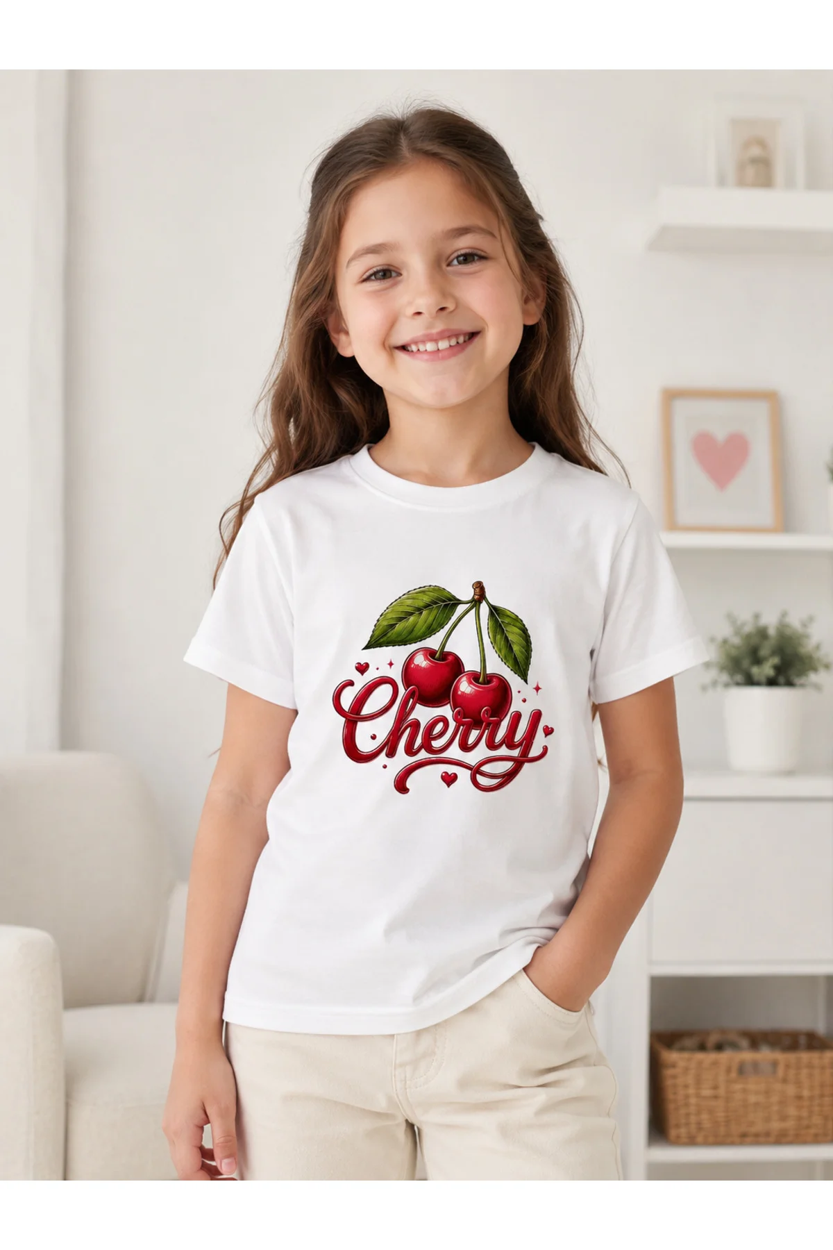 Kız Çocuk Cherry Yazılı Kiraz Baskılı Bisiklet Yaka Kısa Kollu Tişört