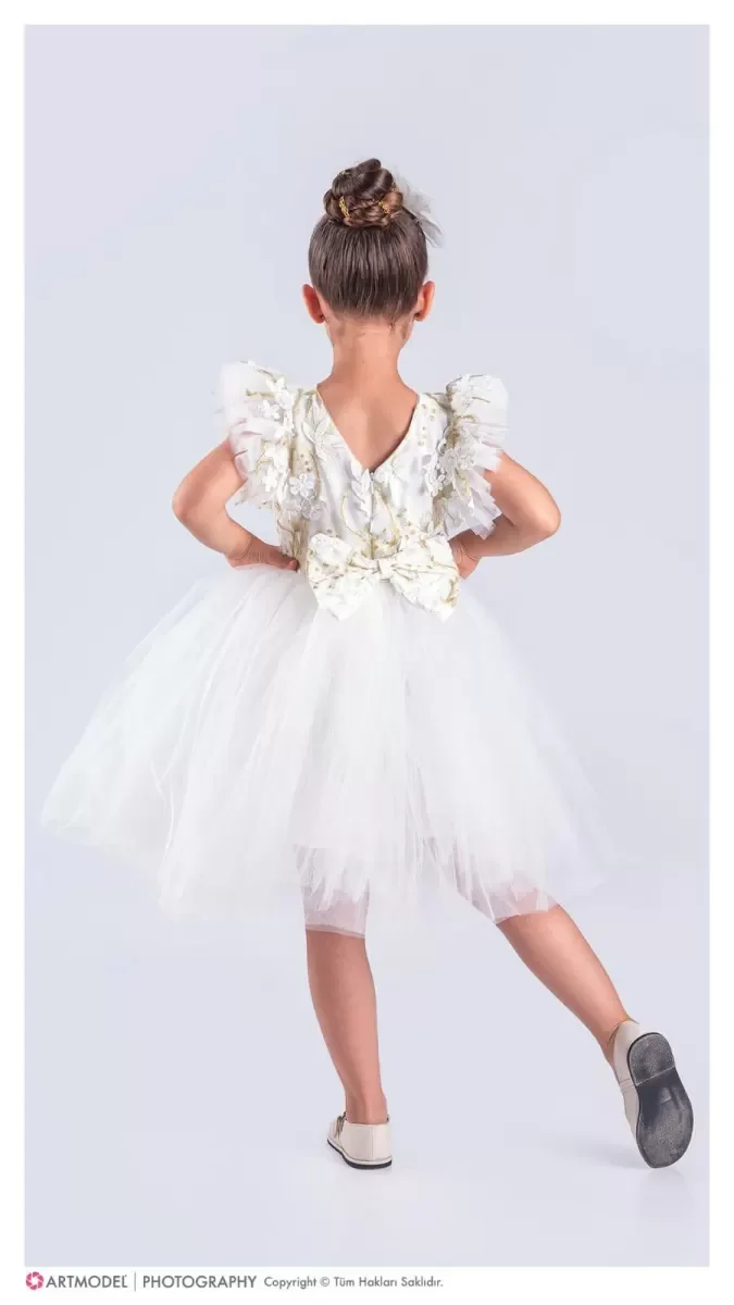 Kız Çocuk Çiçek Aplikeli Parti Kıyafeti Doğum Günü ve Gösteri Kos