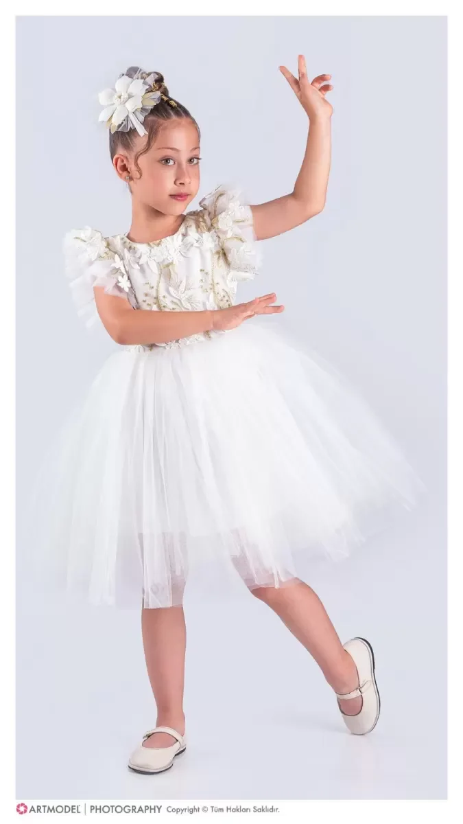 Kız Çocuk Çiçek Aplikeli Parti Kıyafeti Doğum Günü ve Gösteri Kos