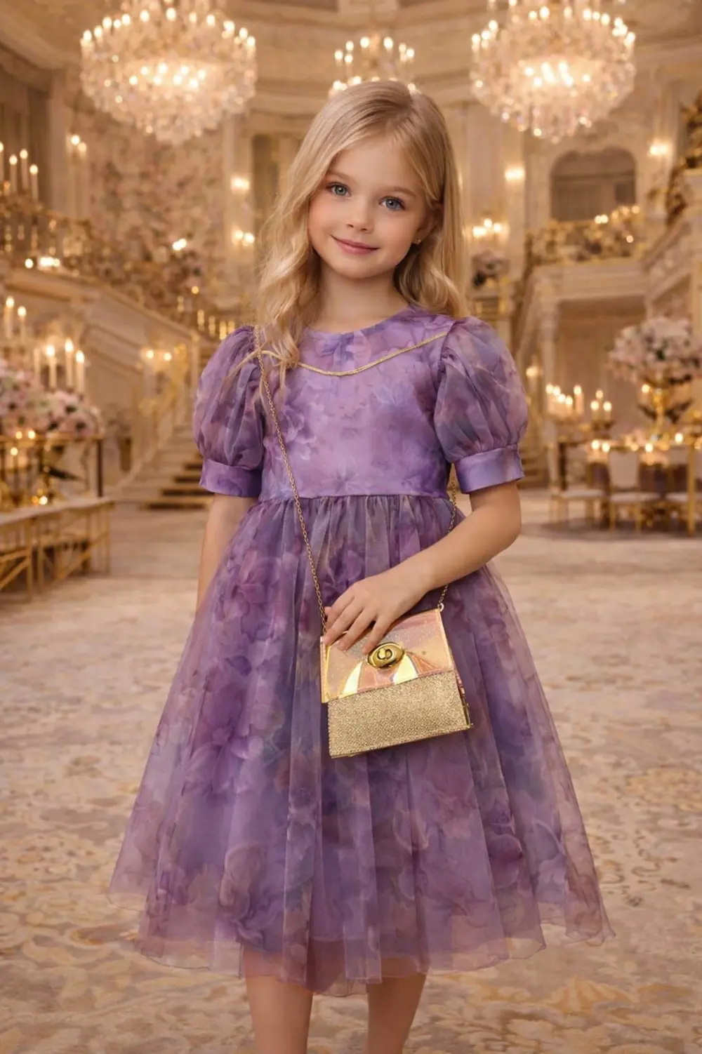 Kız Çocuk Çiçek Desenli Çantalı Bayramlık Prenses Düğün Parti Doğ