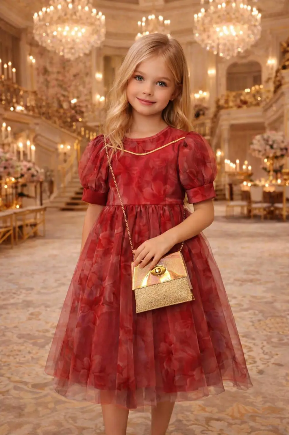 Kız Çocuk Çiçek Desenli Çantalı Bayramlık Prenses Düğün Parti Doğ