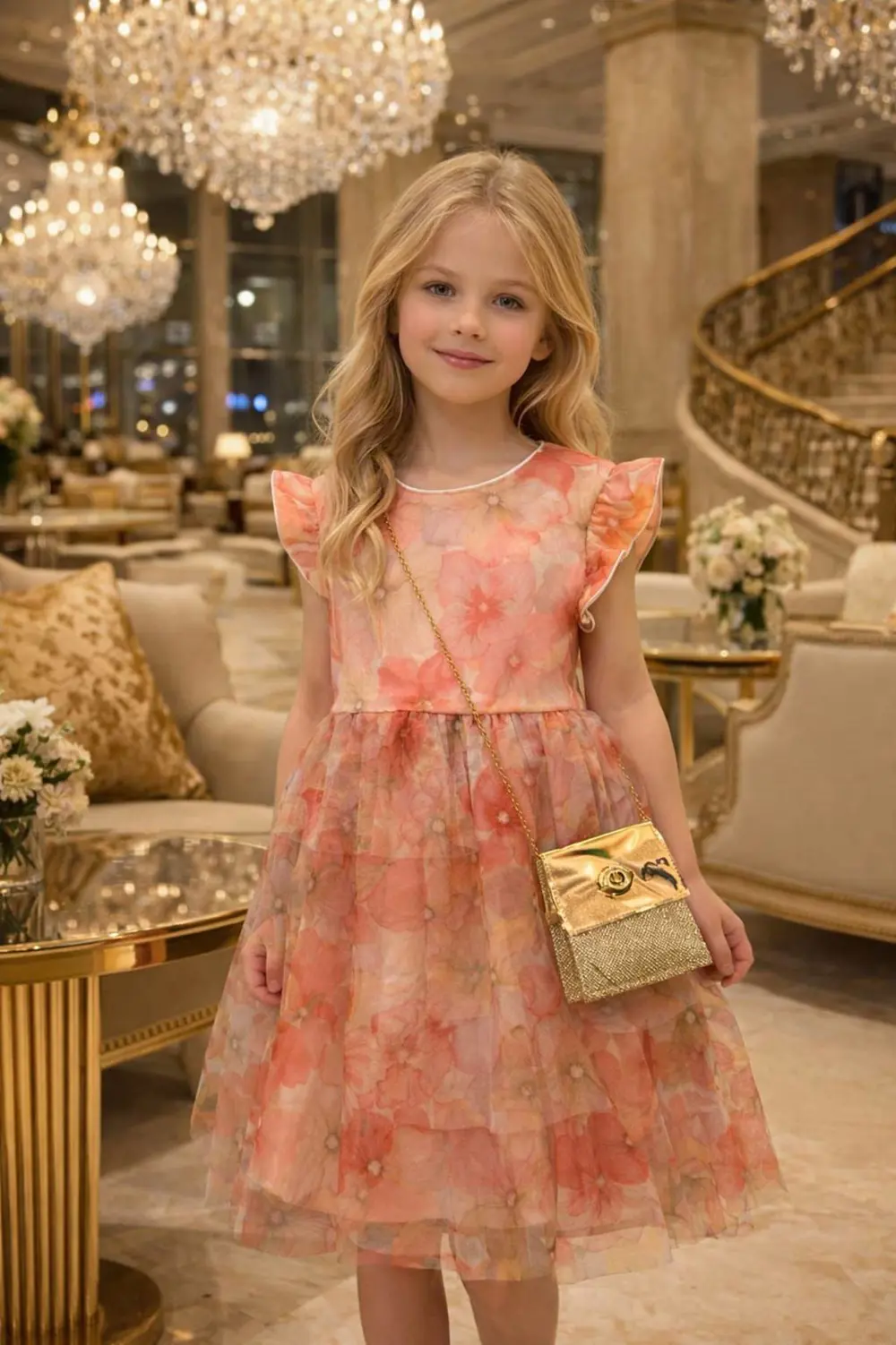 Kız Çocuk Çiçek Desenli Çantalı Bayramlık Prenses Düğün Parti Doğ