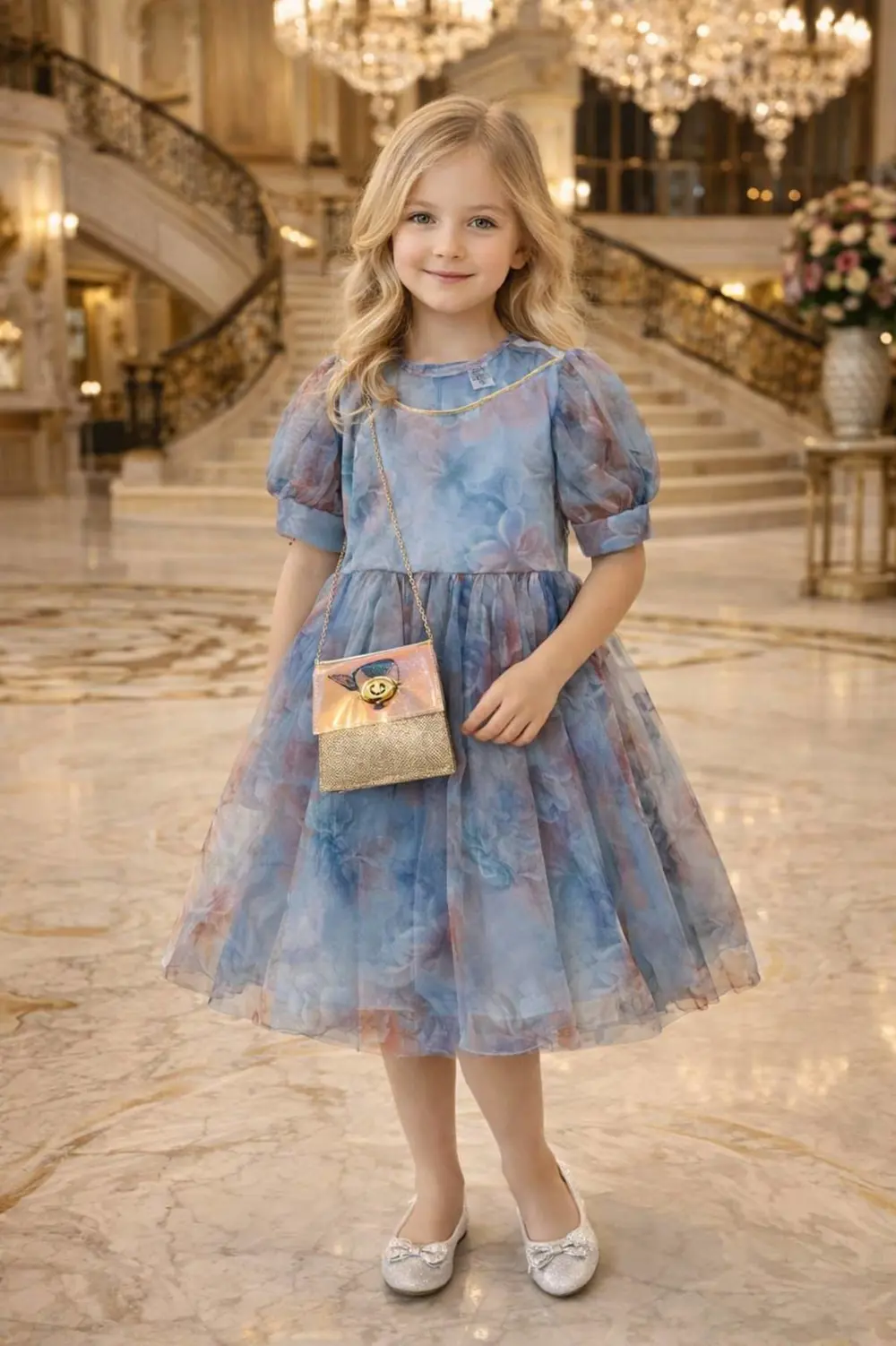 Kız Çocuk Çiçek Desenli Çantalı Bayramlık Prenses Düğün Parti Doğ