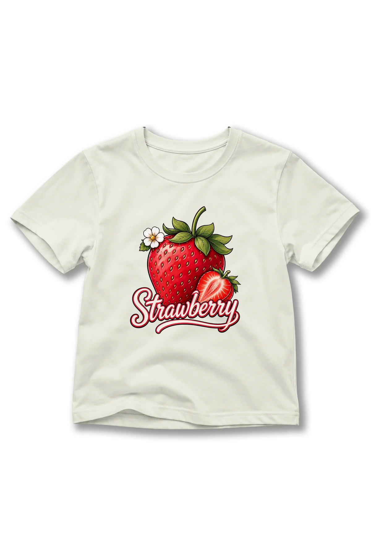 Kız Çocuk Çilek Baskılı Strawberry Yazılı Kısa Kollu Bisiklet Yaka Tişört