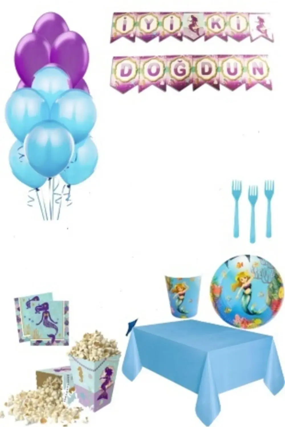 Kız Çocuk Deniz Kızı Kostüm Ve Parti Setli 8 Kişilik Doğum Günü S